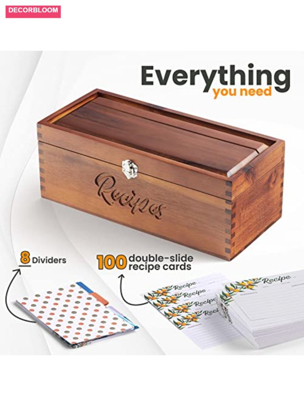 Acacia Wood Large Recipe Box with 100 Cards and 8 Dividers - Picture 2 of 6
